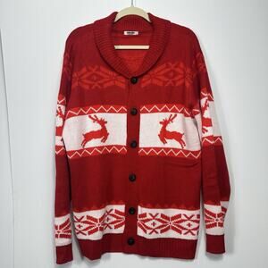 COOFANDY Men’s XL Red Reindeer Christmas Cardigan Sweater Shawl Collar Fair Isle